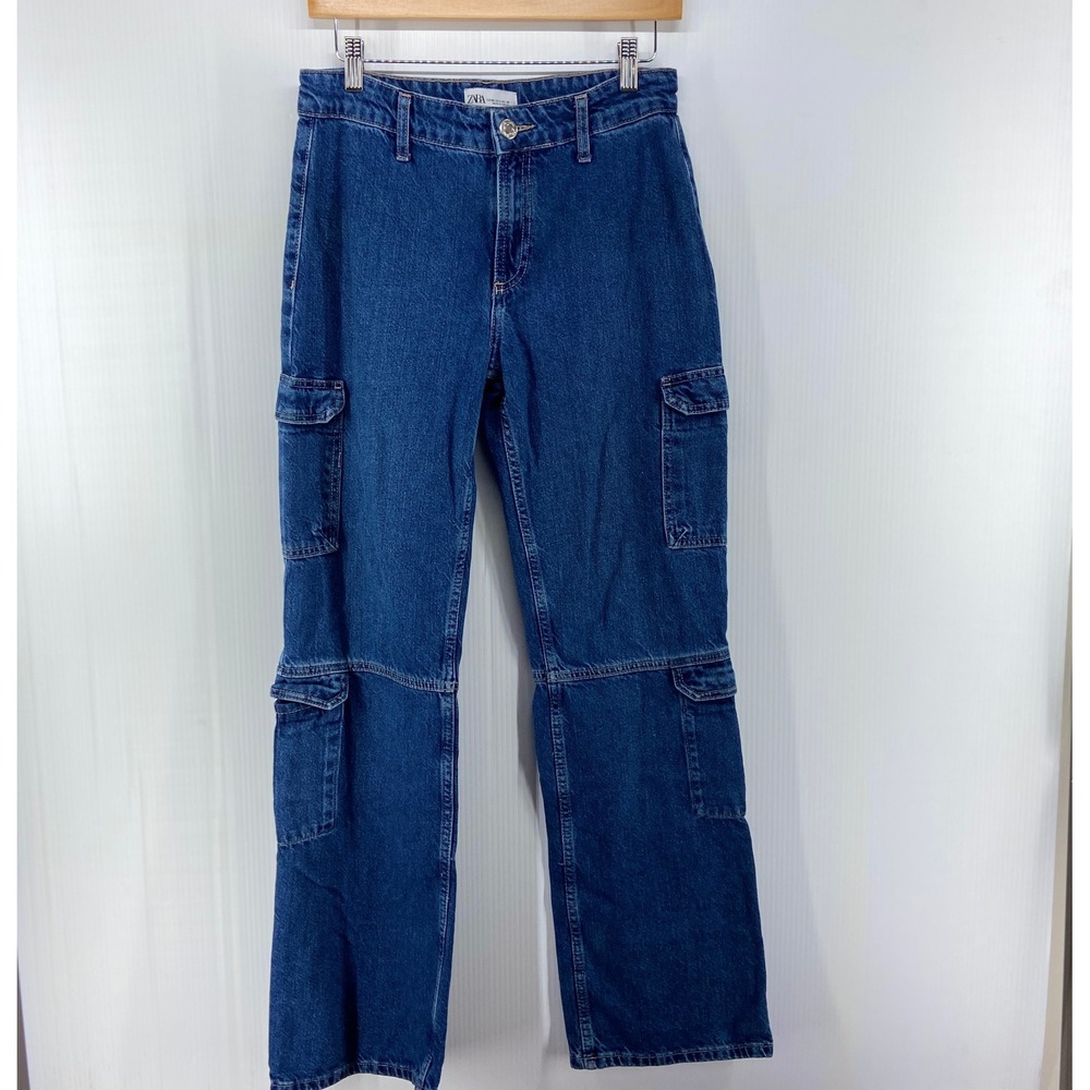 Zara High Waisted Blue Denim Cargo Pants Jeans Womens 4